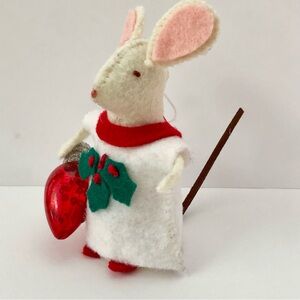 Holly Christmas felt mouse ornament with red lightbulb hand-sewn handmade